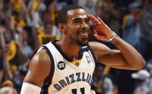 Memphis Grizzlie Mike Conley celebrates a three-point basket against the Los Angeles Clippers during NBA basketball action in Memphis