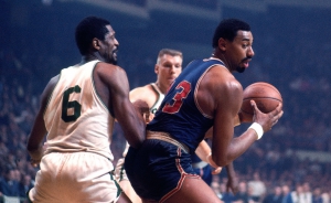 BOSTON - 1967: Wilt Chamberlain #13 of the Philadelphia 76ers posts up against Bill Russell #6 of the Boston Celtics during a game played in 1967 at the Boston Garden in Boston, Massachusetts. NOTE TO USER: User expressly acknowledges and agrees that, by downloading and or using this photograph, User is consenting to the terms and conditions of the Getty Images License Agreement. Mandatory Copyright Notice: Copyright 1967 NBAE (Photo by Dick Raphael/NBAE via Getty Images)