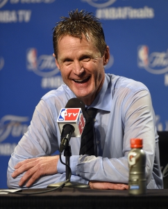 Jun 16, 2015; Cleveland, OH, USA; Golden State Warriors head coach Steve Kerr talks to the media after beating the Cleveland Cavaliers in game six of the NBA Finals at Quicken Loans Arena. Mandatory Credit: Ken Blaze-USA TODAY Sports