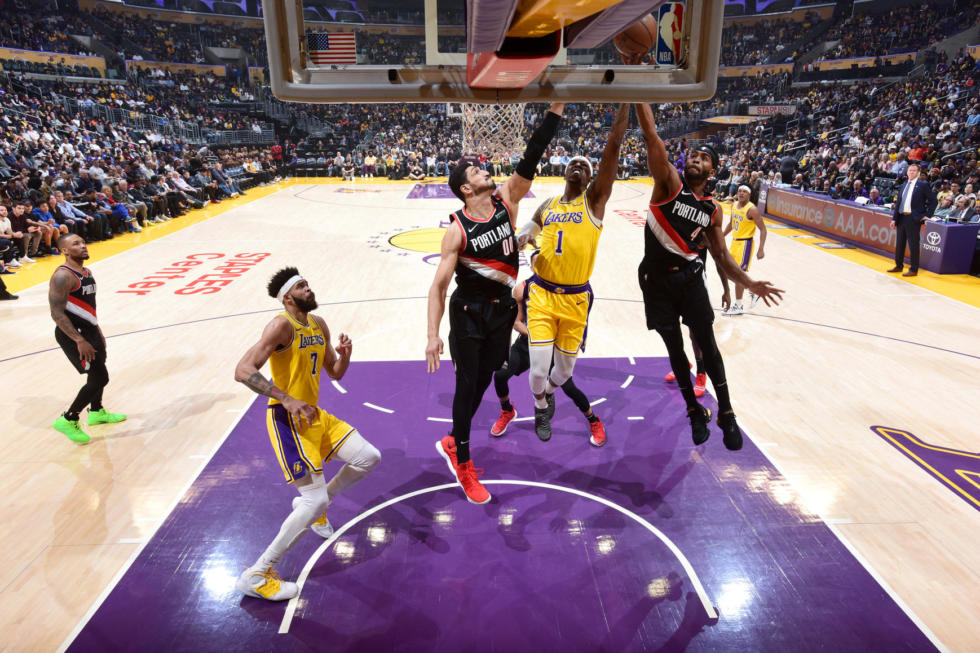 Kentavious Caldwell-Pope and Maurice Harkless, Los Angeles Lakers vs Portland Trail Blazers at Staples Center